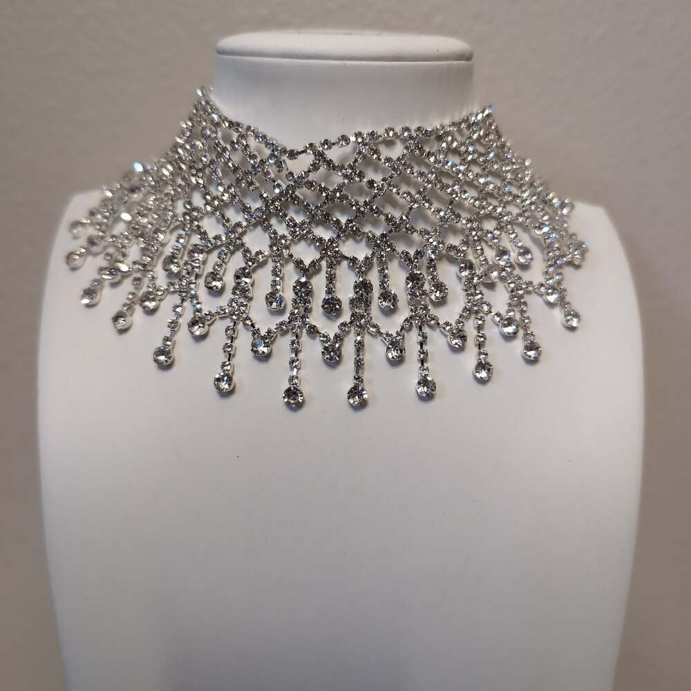 Silver-Tone Rhinestone Mesh Collar Choker Necklace